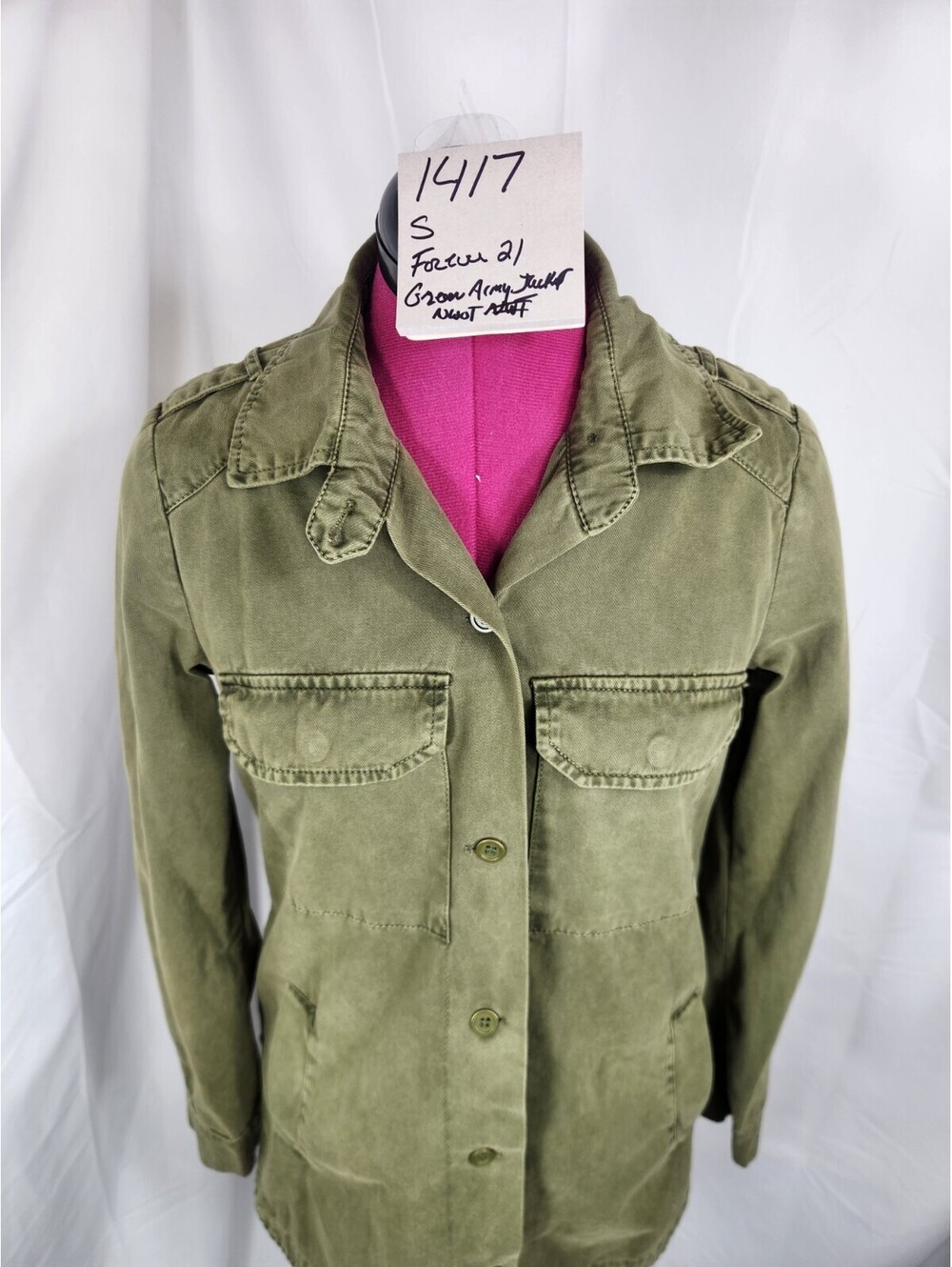Forever 21 Women's S Green Camo Military Jacket Button Front Pockets Mid-Length